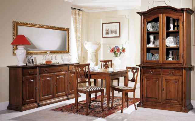 Design Iesszëmmer Set Garnitur 6tlg Holz Miwwelen 4x Stull Dësch Vitrin Grupp Nei