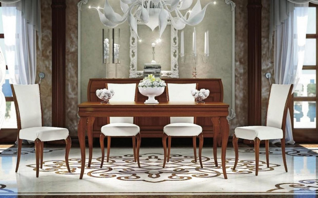 Salle à manger Iessdësch Stull Auszéibar Dësch Dëscher Grupp Holz Design Set 5-delig.