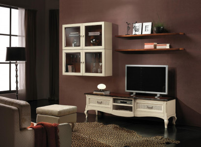 Wohnwand Set 7-deelech. Wunnzëmmer RTV Vitrin Regal Modern Garnitur Grupp Holz Nei