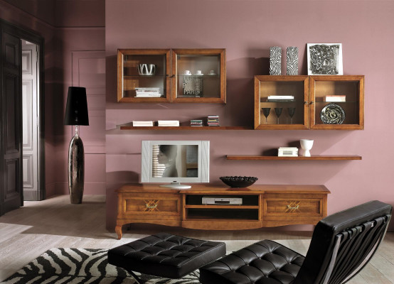 Wunnzëmmer Set Vitrin TV Kommode Couchtisch Kommoden Schaf Holz Nei 7 deeleger.