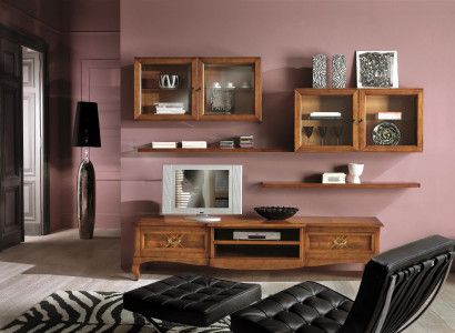 Wunnzëmmer Set Vitrin TV Kommode Couchtisch Kommoden Schaf Holz Nei 7 deeleger.