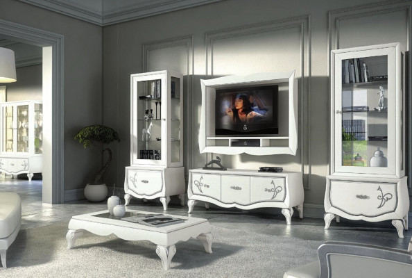 Set vu 4 Wunnwand RTV: TV-Niddregschief, Vitrin, Greesselchest, Schaf Design Nei