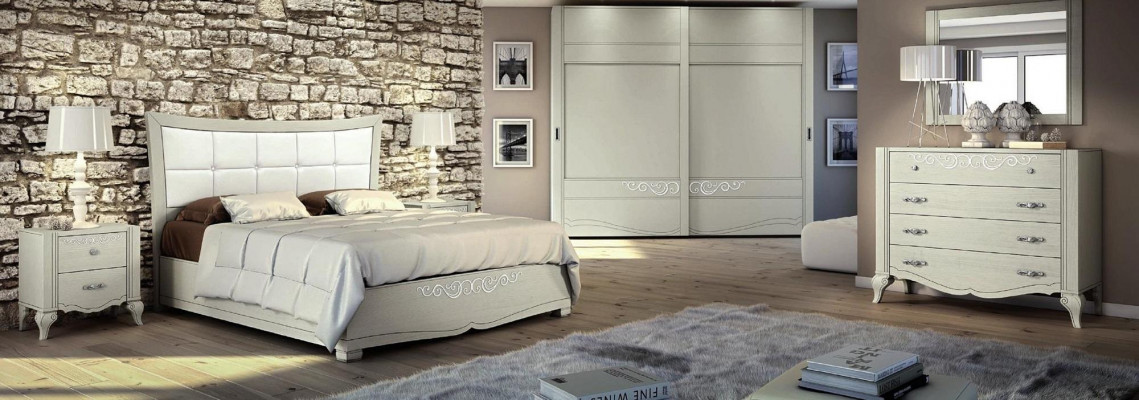 Luxus Set 6-stéck Schlofzëmmer Bett Nuetsdësch Kleederschaf Kommode Spigel Holz