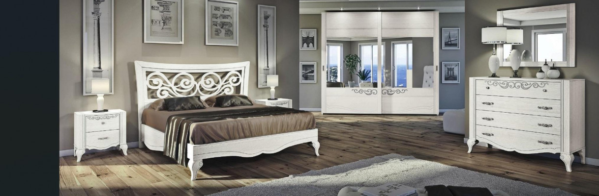 Set 6-Deeler Schlofzëmmer Bett Nuetsdësch Kleederschaf Kommod Spigel Garnitur