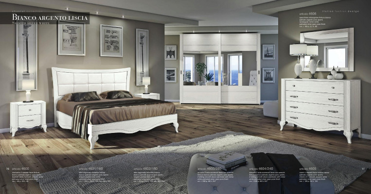 Schlofzëmmer Bett Nuetsdësch Gaderobeschaf Kommode Spigel Wäiss Luxus Set 6 Stécker