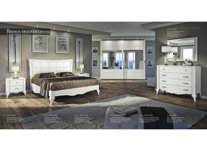 Schlofzëmmer Bett Nuetsdësch Gaderobeschaf Kommode Spigel Wäiss Luxus Set 6 Stécker