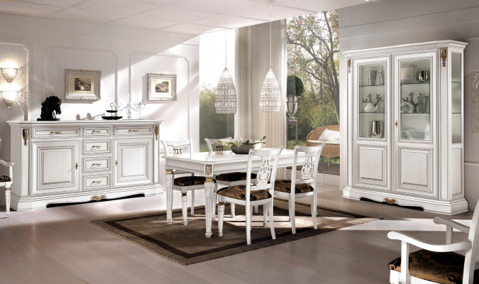 Iesszëmmer Dësch Still Kommode Vitrine Grupp Garnitur Holz Wäiss Set 7-Stéck Nei