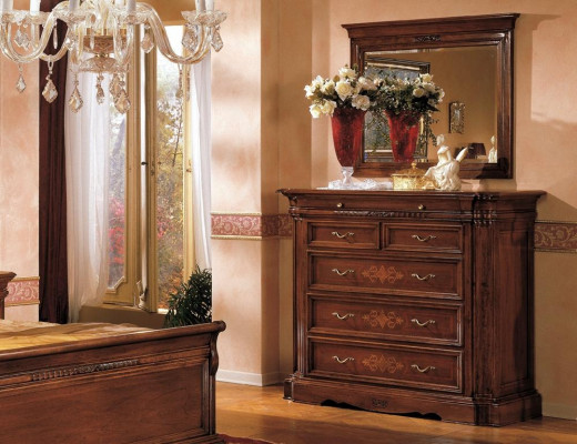 Massivholz Kommode mat Spigel Sideboard Kommoden Set Italienesch Miwwelen 2-Stéck.