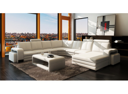 Grouss Wunnlandschaft Sofa Polster Eckgarnitur + Hocker Couch Dësch Komplett Set