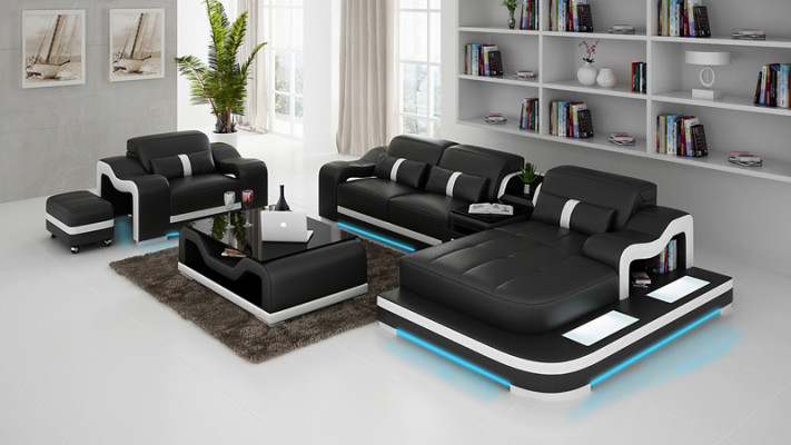 Komplett Set Garnitur Eckcouch Couch Eckgarnitur + Dëscher + USB Ecksofa