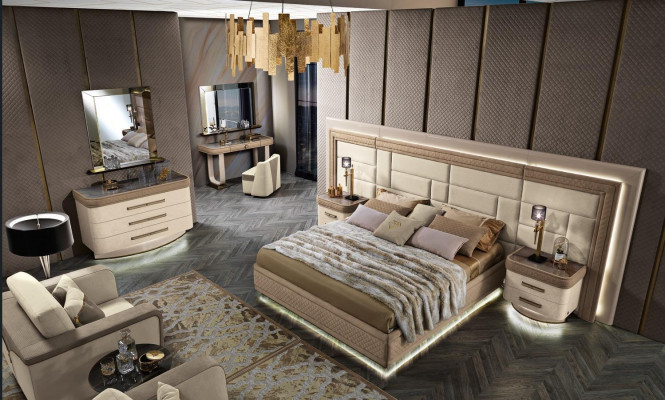 Design Luxus Schlofkummer Bett 2x Nuetsdëscher Kommode Garnitur Better 8-Deel-Set