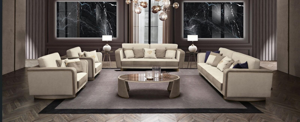 Luxus Miwwelen Sofagarnitur Canapé Sofa Polster 3 3 1 1 Sëtzer Miwwelstësch Holz 5-delegéiert.