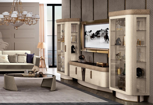 Wunnwand Set 4 Deel. Wunnzëmmer rtv Vitrin Regal Modern Garnitur Grupp Holz tv
