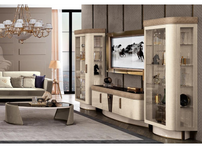 Wunnwand Set 4 Deel. Wunnzëmmer rtv Vitrin Regal Modern Garnitur Grupp Holz tv