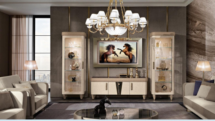 Wunnwand Set 4 Deel. Wunnzëmmer rtv Vitrin Regal Modern Garnitur Grupp Holz tv