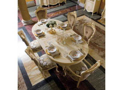 Design Iesszëmmer Set Garnitur Holz Miwwelen 2x Still mat Armleenen 4x Stull 7tlg.