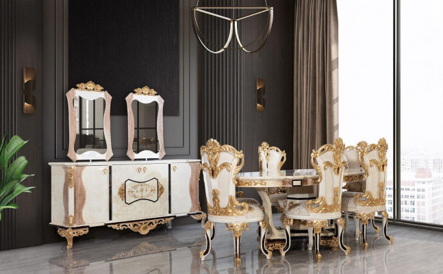 Luxus Iesszëmmer Set 9 Stéck Iessdësch + 6x Stull + Kommodë mat Spigel wäiss Neit