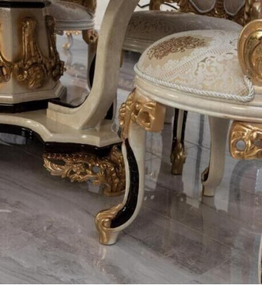 Luxus Iesszëmmer Set 9 Stéck Iessdësch + 6x Stull + Kommodë mat Spigel wäiss Neit