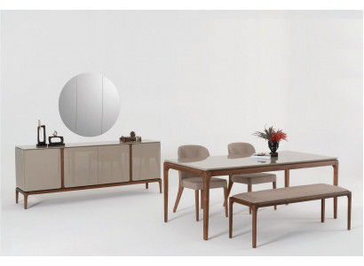 Iesszëmmer Set Essgrupp Dësch 4x Still Bänk Komod Spigel 8tlg.