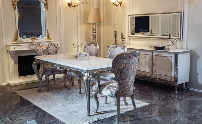 Sideboard Wäiss Sëlwer Anrichte Konsol Kommode Italienesch Stil 2stéck Spigel