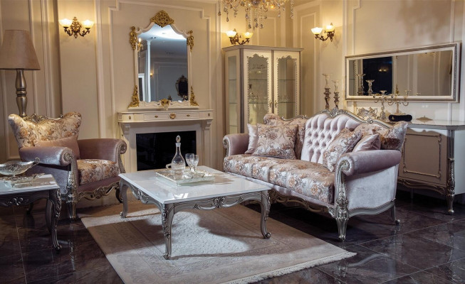 Gepolsterte Fotell Lila mat Blummemuster Canapé Sofa Wunnzëmmer Barock