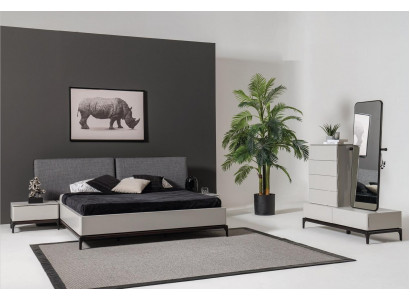 Moderne schwaarz-wäisst Schlofzëmmer-Set (Bett, zwee Nopeschdëscher, Kommode mat Spigel)