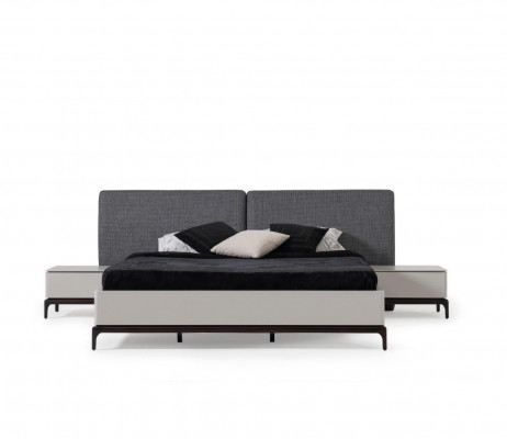 Moderne schwaarz-wäisst Schlofzëmmer-Set (Bett, zwee Nopeschdëscher, Kommode mat Spigel)