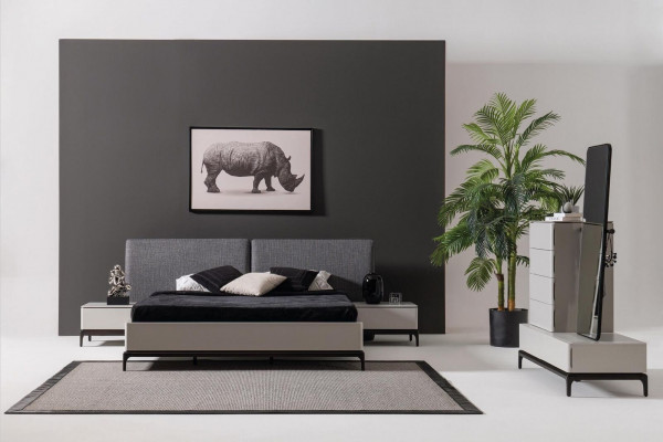 Moderne schwaarz-wäisst Schlofzëmmer-Set (Bett, zwee Nopeschdëscher, Kommode mat Spigel)