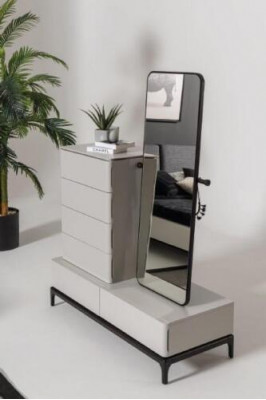 Moderne schwaarz-wäisst Schlofzëmmer-Set (Bett, zwee Nopeschdëscher, Kommode mat Spigel)