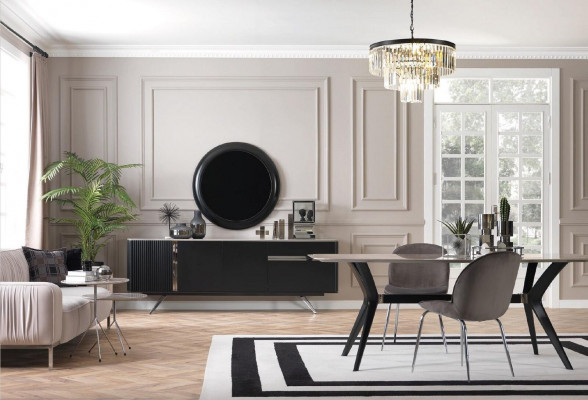7 Stéck Luxus Loft Design Iesszëmmer Set Miwwelen Dësch Kommode 4x Still