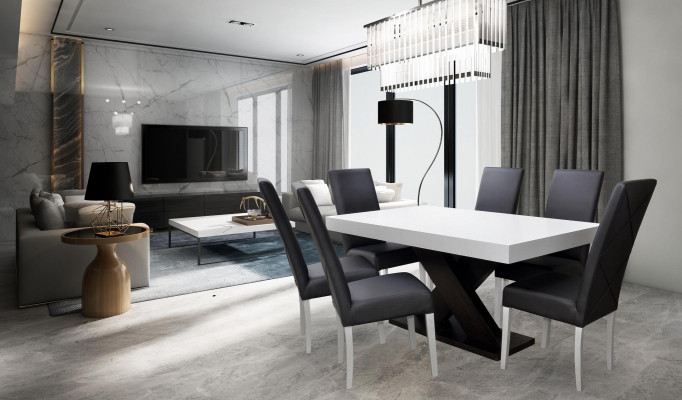 Iesszëmmer Set Vitrin Iessdësch 6x Stull Garnitur Dësch Grupp 7tlg. Set Modern