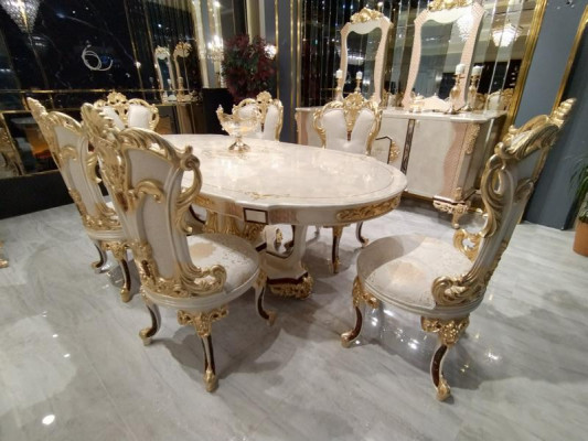 Luxus Iesszëmmer Set: Iessdësch, 4x Still Holz Stull Textil Iessgrupp Garnitur Nei