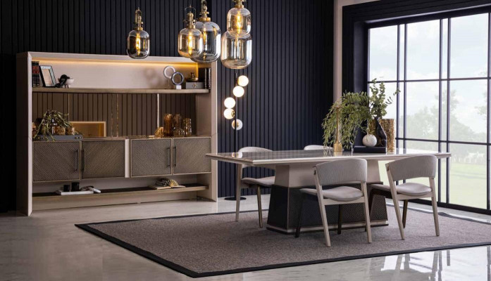 Luxus 6 Stéck Iesszëmmer Set Iessdësch 4x Still Kommode 6 Stéck modernen Designer Set