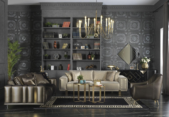 Design Sofa-Garnitur 3+2+1 Sëtzer Modernen Fotell Luxus Miwwelen Stoff Gold
