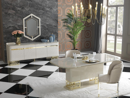Modern Iesszëmmer Set Miwwelen Iessdësch 4x Stull Kommode Schlaffkommode 6tlg