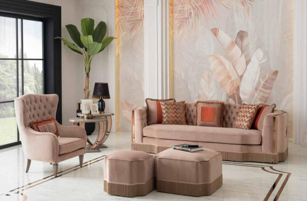 Luxus Wunnzëmmer Schik Sofa 4 Sëtzer Fauteuil mat 2x Hocker Stilvoll Miwwelen