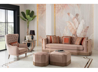 Luxus Wunnzëmmer Schik Sofa 4 Sëtzer Fauteuil mat 2x Hocker Stilvoll Miwwelen