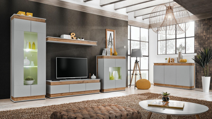 Wunnenzëmmer Set 5 Stéck TV Stänn Modern Vitrin Holz Miwwel Luxus Kommode Nei