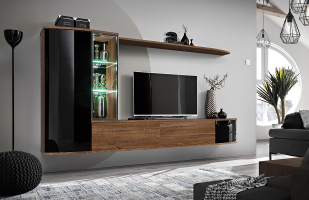 Wunnwand Set Luxus Wunnzëmmer TV Ständer Holz Wandregal Wandkabinett Nei
