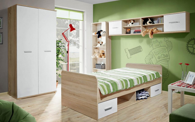Kannerzëmmer Komplett Bett Kleederschaf Bücherregal Wandregal Set 5 Deeler