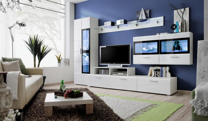 Wohnwand Luxus Set Wunnzëmmer TV Ständer Vitrin Holz Wandschaf Nei
