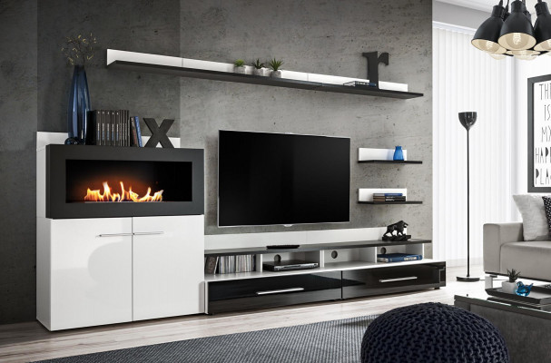 Wunnwand TV-Stänner Kommode mat agebautem Kamäin Designer Miwwelen Modern