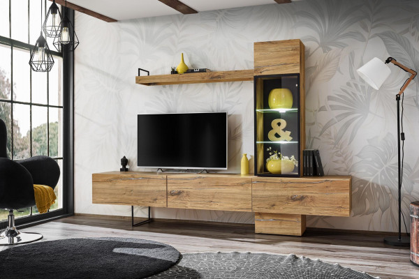 Wunnwand Designer Wunnzëmmer Set Lowboard Wandregal TV-Stänner Nei Miwwelen
