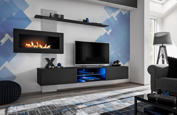 Schwaarz Wunnwand mat Kamäin Wunnzëmmer Designer Modern Miwwelen TV Stänner