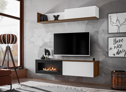 Wunnzëmmer TV Stänner mat Kamäin Wunnwand Wandregal Holz Möbel Nei