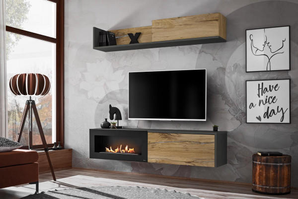 Wunnwand TV Miwwel Wunnzëmmer Regal TV Stänner mat Kamäin Modern Holz Braun