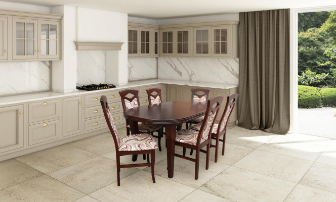 Modern 7-deel-Esszëmmer-Set Klasseschen Dësch 6x Stull Stull Gruppe