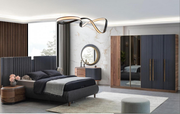 Schwaarz-Beige Schlofzëmmer Garnitur Designer Duebelbett 2x Nuetsdëscher