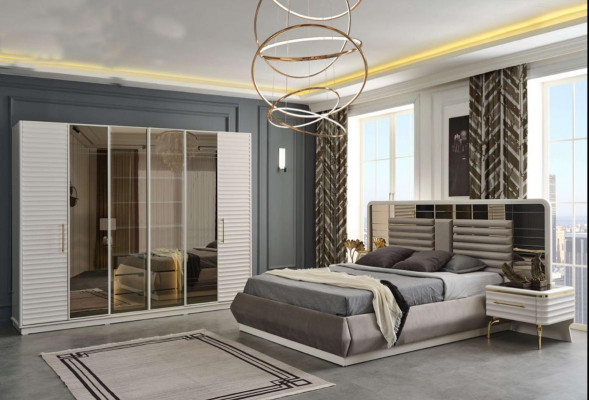 Modern Schlofzëmmer Miwwelen Designer Duebelbett 2x Holz Nuetsdëscher 3tlg