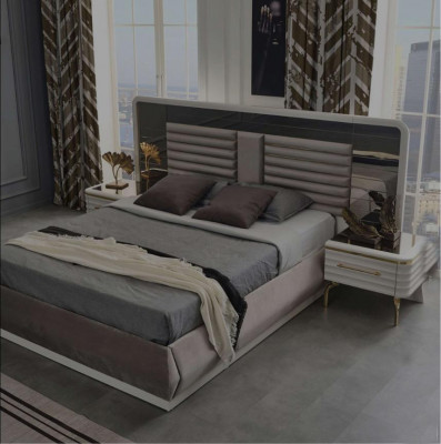 Modern Schlofzëmmer Miwwelen Designer Duebelbett 2x Holz Nuetsdëscher 3tlg
